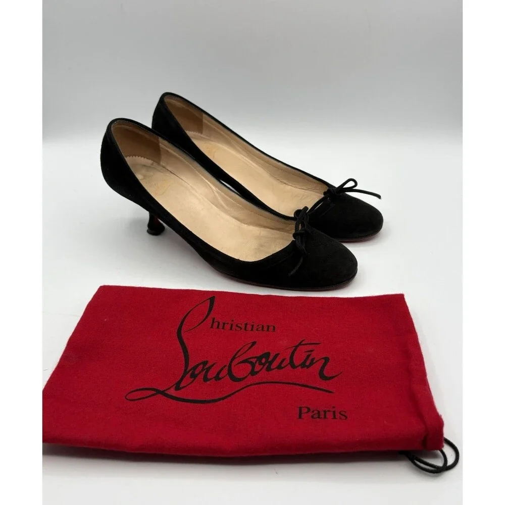 Christian Louboutin Black Suede Bow Accent Marcia Balla Kitten Heels Size EU 38